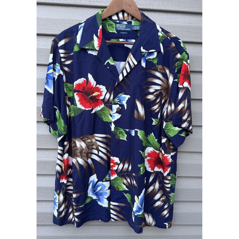 Polo Ralph Lauren Camp Shirt Mens Hawaiian Aloha Floral Loop Collar Large